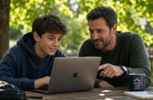 Mentor and young learner working at a laptop outdoors — Nudge Education Online