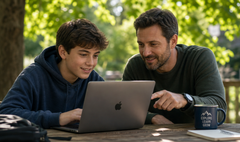 Mentor and young learner working at a laptop outdoors — Nudge Education Online